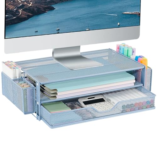 AUPSEN Computer Monitor Stands Riser，2-Tier Desk Organizers and Accessories, Office Desk Accessories Organizer with Drawers and 2 Pen Holder for Office Supplies (Blue) - color: Blue Metal