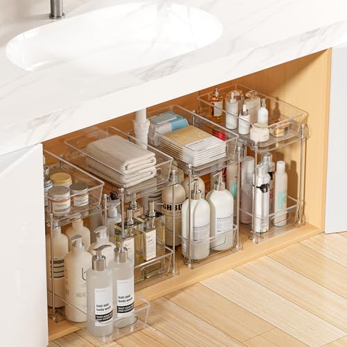 Vtopmart 4 Pack Higher Bathroom Organizer, 2 Tier White Under Sink Organizers Vanity Countertop Storage Container,Cabinet Drawers Bins, Pull-Out Organization with Track for Pantry, Kitchen - color: Transparent, size: S-Higher (4 Pack)