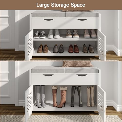 ChooChoo Shoe Storage Bench with Lift Top Storage, Entryway Bench with 2 Cushioned Seats, 3 Compartments, Adjustable Shelf, Shoe Cabinet for Entryway, Bedroom, Living Room, White - color: White, size: 13.78"D x 29.53"W x 19.69"H
