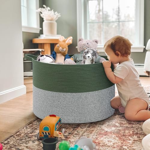 INDRESSME 115L Extra Large Cotton Rope Blanket Basket, Home Decor Laundry Storage Basket for Organizing Bedroom, Living Room, Nursery, Toy Storage for Colthes Towel, Green - color: Green & White, size: 23.6"D x 15.7"H
