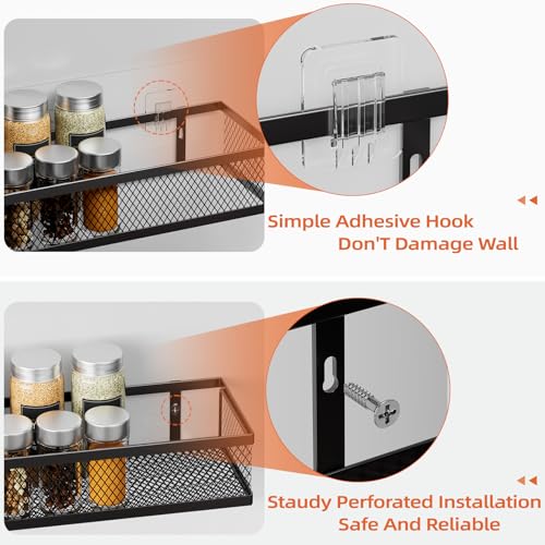 Spice Rack Wall Mount, 4 Pack Pantry Door Organizer & Hanging Storage Baskets Organizer Wall Mount, Large Capacity Metal Spice Shelf for Kitchen Cabinet, Pantry Doors, Bathroom, Shower, Home Decor - color: Black