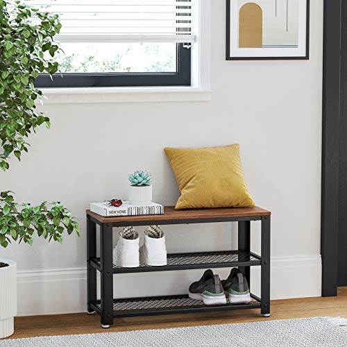 VASAGLE 3-Tier Shoe Rack, Shelf Storage Bench with Metal Mesh Shelves and Seat, Free Standing Shoe Organizer for Entryway, 11.8 x 28.7 x 17.7 Inches, Hazelnut Brown and Black ULBS073B03 - color: Hazelnut Brown + Black, size: 28.7"W x 17.7"H, style: Bench
