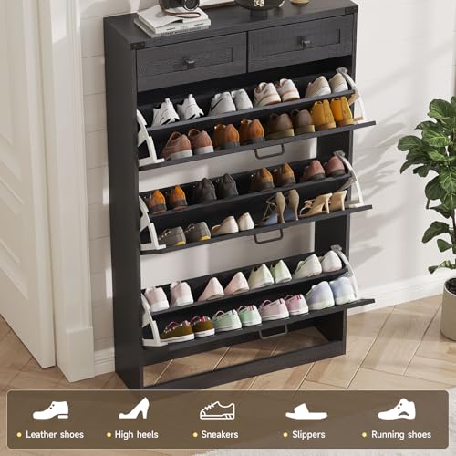 Halitaa Shoe Cabinet with 3 Flip Drawers & 2 Drawers,Freestanding Shoe Storage Cabinet for Entryway,Farmhouse Narrow Slim Organizer Rack for Foyer,Hallway,Black - color: Black, style: 3-Drawers