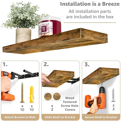 Sorbus Floating Shelves for Wall - 24" Bathroom Shelves, Wall Decor for Bedroom, Kitchen, Living Room, Home Decor & Book storage - Mounted Floating Shelf with Invisible Brackets (Rustic Brown, 2 Pack) - color: Rustic Brown, size: 2 Pack