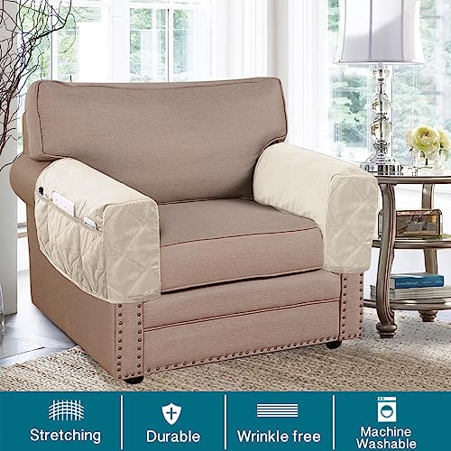 Velvet Quilted Armrest Covers - Water-Resistant Sofa Arm Protectors Set of 2 with Side Pocket Organizer, Non-Slip Furniture Covers for Chairs & Couches (Ivory) - color: Ivory