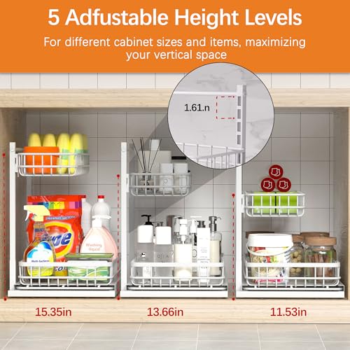 Under Sink Organizer, Adjustable Height Pull-Out Kitchen Storage Organization,15.8" x 11.8" x 16.5", 2-Tier Kitchen Shelf, Bathroom Drawer Organizer, 2 Pack|White - color: White, size: B 2 Pack
