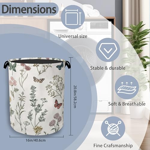 Wildflowers Butterfly Laundry Basket,Herb Plants Oxford Cloth Laundry Hamper with Handle Foldable Portable Clothes Storage Basket for Bathroom Bedroom Dorm Room 16" x 20.8" - color: Wildflowers Butterfly Herb Plants
