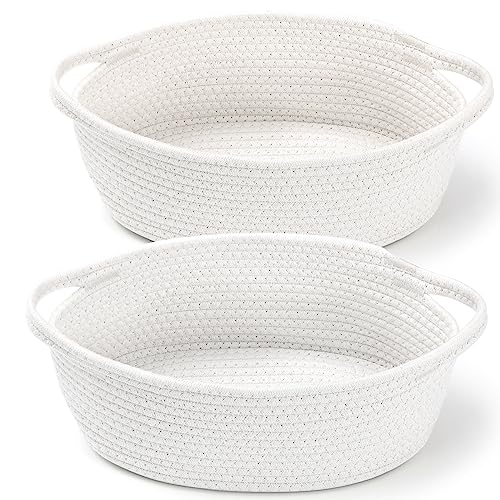 2 Pack Small Woven Basket with Gift Bags and Ribbons, Empty Decorative Gift Chest Box, Cute Baby Gift Basket for Nursery, Cotton Rope Room Shelf Storage Basket with Handles, All 12"x 8"x 5",White - color: White