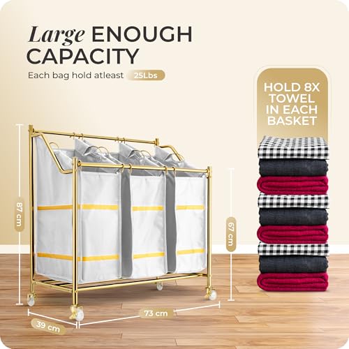 LUXURY STYLE 3- Sections Laundry Sorter, Roling Laundry Cart, Modern Golden Hamper, 3-Bags Organizer with Wheels, Laundry Basket, XL Hamper for Clothes, Toys, and Towels (Classic White) - color: Classic White