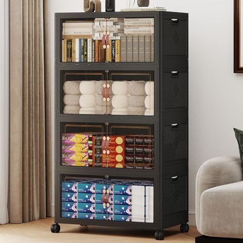 480QT Extra Large Stackable Storage Bins with Lids & Wheels & Door, 120Gal Foldable Collapsible Closet Organizers, Plastic containers drawers for bedroom Dorm - color: Black