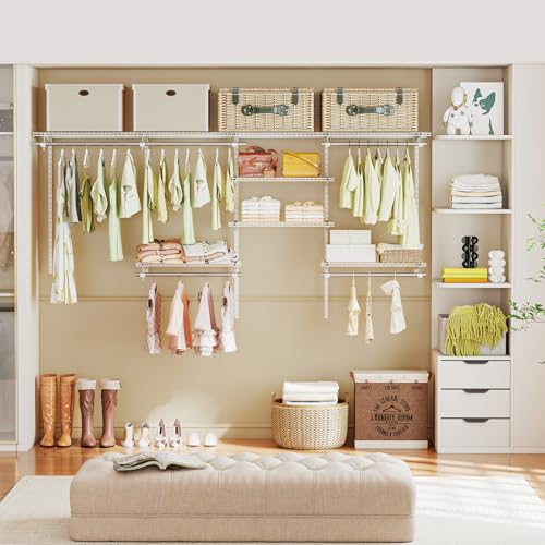 Tangkula 4 to 8 FT Custom Closet System, Wall Mounted Closet with Hanging Rod, Metal Hanging Storage Organizer Rack Wardrobe with Shelves, Adjustable Closet System Kit for Bedroom (White) - color: White, size: 4 to 8 FT