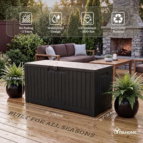 YITAHOME Large Outdoor Storage Box, 120 Gallon Waterproof Resin Deck Box with Slide-Locking Lid, Patio Storage Bin and Bench Seat for Garden Tools, Cushions & Pool Supplies, Easy Assembly, Black - color: Black, size: 120 Gallon, style: Deck Box