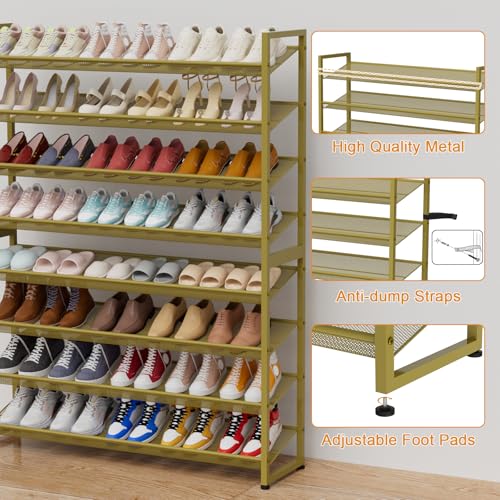Large Shoe Rack 8 Tier Shoe Organizer, Heavy Duty Metal 4-Tier Stackable Shoe Storage Vertical Shoe Rack for Closet Front Door Entrance, Up to 50 Pairs, 44.8" W x 11.4" D x 56.7" H, Gold - color: Gold, size: 8 Tier