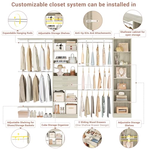 Besiost Closet System - 9.4FT/112" Closet Organizer System with Wooden Drawers,Closet Systems for Walk-In Closets with Hang Rods and Open Cabinet, Greige Oak - color: Greige Oak, size: 9.4FT