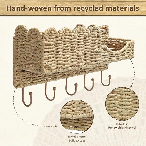 Hook Woven Rattan Key Holder & Mail Organizer, Scalloped Wave Design Decorative Wall Mount for Entryway, Living Room & Hallway, Natural Paper Rattan