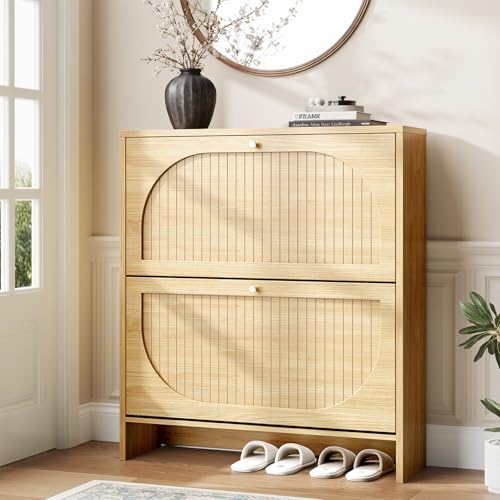 Nicetree Arch-Chic Shoe Cabinet for Entryway, Modern Mid-Century Shoe Storage Cabinet with Fluted, Narrow Shoe Rack with Adjustable Shelves & Tipping Protection, Fits Men's Size 13.5 Shoes - color: Natural Light Oak, style: 2 Flip Drawer - Fluted Arch