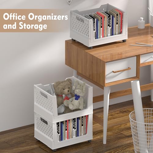 Stackable Plastic Storage Basket, 3 Pack Foldable Closet Organizers and Storage Bins with Wheels, Collapsible Drawer Shelf Storage Box Container for Office Bedroom Closet Wardrobe Kitchen Bathroom - color: White