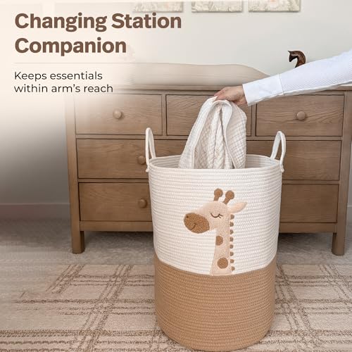 Baby Laundry Basket & Nursery Hamper – 20"x15" Large Giraffe Baby Hamper for Nursery Decor, Tall Woven Rope Dirty Clothes Laundry Hamper with Handles, Safari Animal Baby Room Storage Bin (White & Tan) - color: Giraffe
