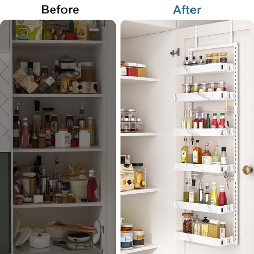 BUKFEN 6-Tier Over the Door Pantry Organizer, 2-in-1 Door Hanging or Wall Mounted Spice Rack, Heavy Duty Metal Storage Shelves with Adjustable Baskets for Kitchen Bathroom Closet, 1 Pack - color: White pole marble color, size: 6 Tier