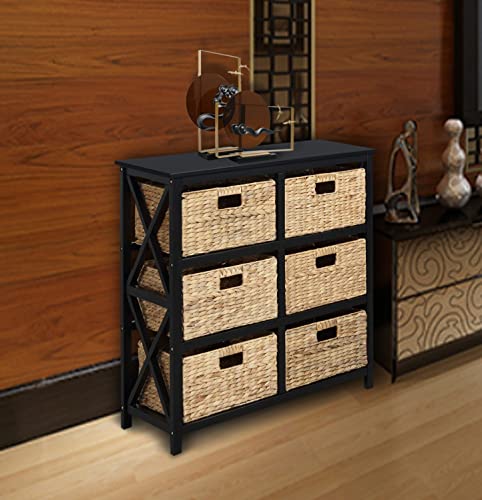eHemco 3 Tier X-Side End Storage Cabinet with 6 Wicker Baskets, Black - color: Black, size: 15.5"D x 29.3"W x 30"H (6 Drawers)