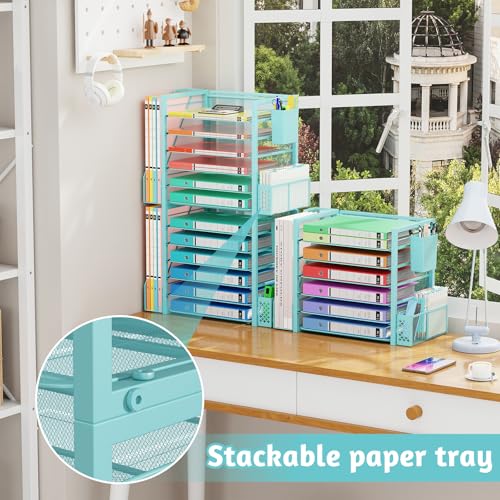 Simple Trending 6 Tier Desk File Organizer, Paper Letter Tray Organizer with File Holder and Pen Container, Blue - style: 6 Tier Blue-Pen Container