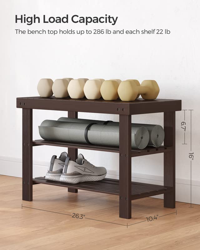 SONGMICS Shoe Rack Bench, 3-Tier Bamboo Shoe Storage Organizer, Entryway Bench, Holds Up to 286 lb, 11.3 x 27.6 x 17.8 Inches, for Entryway Bathroom Bedroom, Brown ULBS04Z - color: Brown, size: 27.6"W