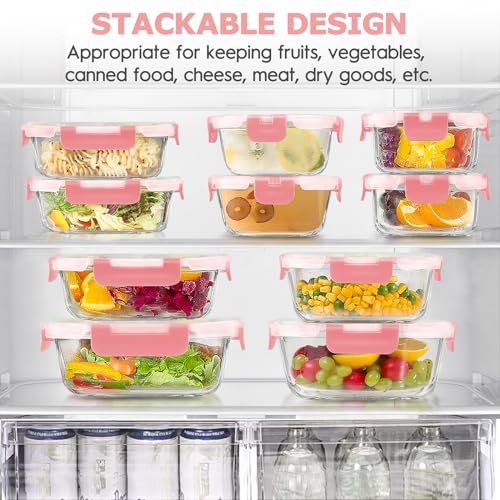 34pcs Glass Food Storage Containers with Lids Set, Airtight Glass Meal Prep Containers (17 Containers & 17 Lids), Leak Proof Lunch Container BPA-Free, Microwave, Oven, Freezer, Dishwasher Safe-PINK - color: PINK