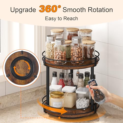 Snughome Rotating Spice Rack, 2 Tier Lazy Susan Organizer, Wood Kitchen Countertop Organizer, Brown Lazy Susan Turntable for Cabinet, 10.2" x 10.2" x 10.4" - color: Rustic Brown, size: 10.2" x 10.2" x 10.4"