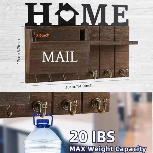 Rustic Wall Key Holder with Shelf & Hooks - Mail Organizer for Entryway | Wooden Key Rack for Keys, Coats, Dog Leash - Brown - color: Brown