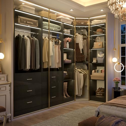 Besiost Corner Closet System with 6 Drawers, Closet Organizer System with 14 Shelves & 4 Hanging Rods, 87.2"L * 39.2"W / 63.2"L * 63.2"W Reversible L Shaped Walk-in Closets, Load 2500+LBS, Black - color: Black, size: 39.2" * 87.2"