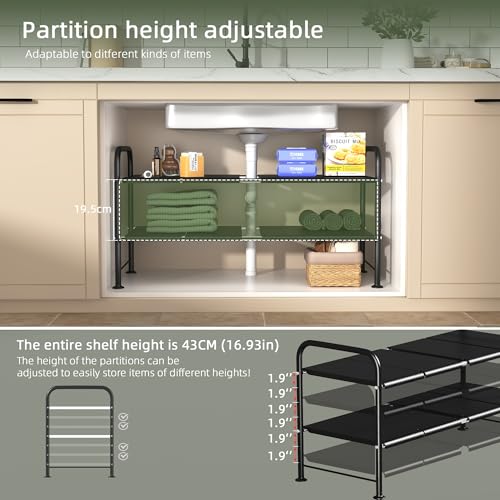 NETEL Under Sink Organizers and Storage,2 Tier Shelf Under Bathroom Sink,Cabinet Organizer with 8 Removable Carbon Steel Panels，Partition Height Adjustable,(27.36-36.02)" W x 12.28" D x 16.93" H - size: 8 thickened iron plates(12.28"deep)