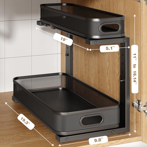 2 Pack 19.3IN-Depth Under Sink Organizer with Smooth Cylindrical Rail,2-Tier Pull Out Multi-Purpose Cabinet Storage for Bathroom&Kitchen,Height Adjustable,Rust-Resistant Coating-Black - color: Black, size: 2 Pack-19.3"Dx11"-16.14"H