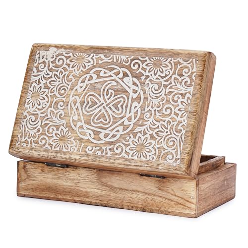 Ajuny Mango Wood Jewelry Box – Hand-Carved Celtic Knot Keepsake/Memory Box, Decorative Trinket & Treasure Chest Organizer, Handmade Gift for Women & Men, Travel Friendly, 8x5 Inch - style: Center Flower Des