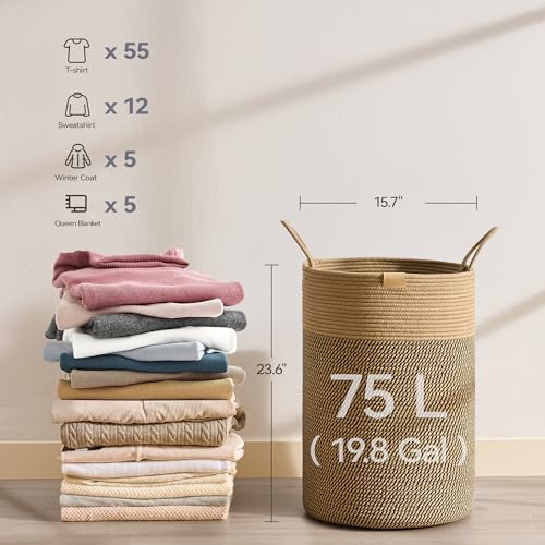 Nunsino Laundry Hamper 75L,Large Laundry Basket for Clothes,Decorative Storage Basket for Blankets,Cotton Rope Woven basket for bedroom,Dark Brown - color: Dark&Brown, size: 75L/19.8Gal