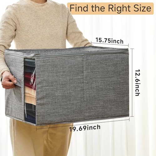 Large Clothes Storage Bins with Sturdy Frame, Foldable Clothing Organizer Box, Sweater Storage Cube with Lids and Zipper, Fabric Bedding Storage Bags for Blankets, Seasonal Clothes, Comforter - color: Grey, size: Large x 3 Packs