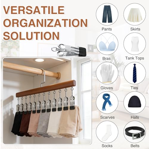 2Pcs Loset Organizer with 12 Clips,Wooden Wangers with Wlips,Wace Saving Hanging Closet Organizer,Space-Saving Hat Scarf Clothespins,Pant Hangers with Clips(Brown)