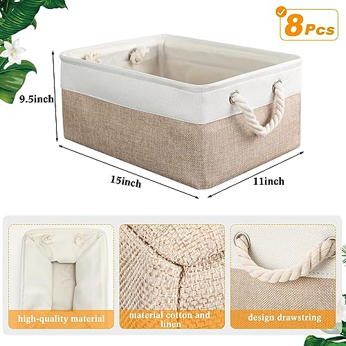 meekoo 8 Pack Collapsible Storage Bins Fabric Storage Bins Polyester Fabric Baskets with Handles Linen Closet Organizer for Shelf Home Closet Towels Toys(15 x 11 x 9.5 in,Beige) - color: Beige, size: 15 x 11 x 9.5 In