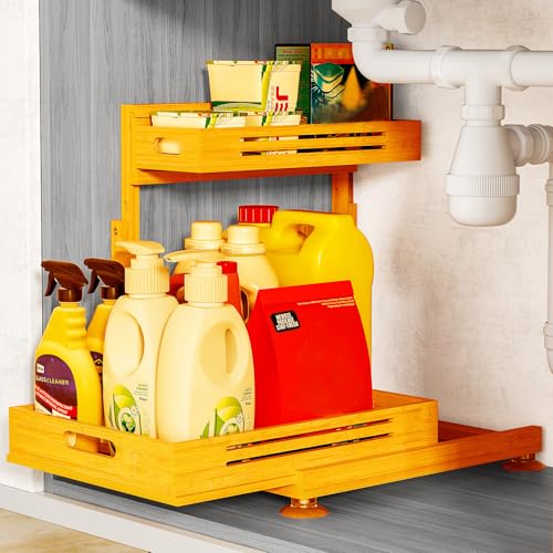Under Sink Organizer, Premium Bamboo Wood Pull Out Cabinet Organizer, 2 Tier Slide Out Sink Shelf Cabinet Storage Shelves, Under Sink Storage for Kitchen Bathroom Cabinet - color: Beige