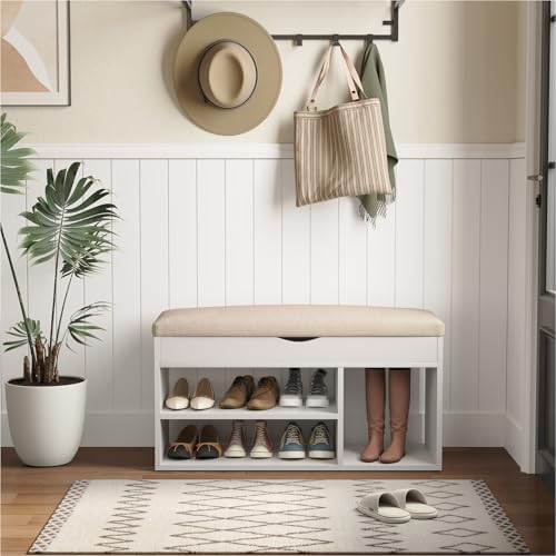 Apicizon 31 Inches Storage Bench with Padded Cushion, Shoe Bench with Storage Space, Upholstered Entryway Bench for Living Room, 2-Tier Shoe Rack Organizer, White - color: A-white, size: 31 Inch