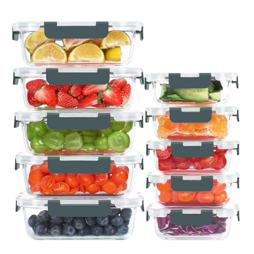 KOMUEE 10 Pack Glass Food Storage Containers, Meal Prep Containers with Lids, Airtight Glass Lunch Boxes, Freezer, Oven, and Microwave Safe - color: Gray