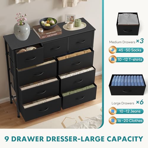 OLIXIS 9 Drawer Storage Dresser with Wood Top - Wide Fabric Chest Organizer for Bedroom, Closet, Living Room,Tower Cabinet, TV Stand, Hallway Entryway Furniture,Carbon Black - color: Black, size: 11.8"D x 39.6"W x 39.4"H (9 Drawers)