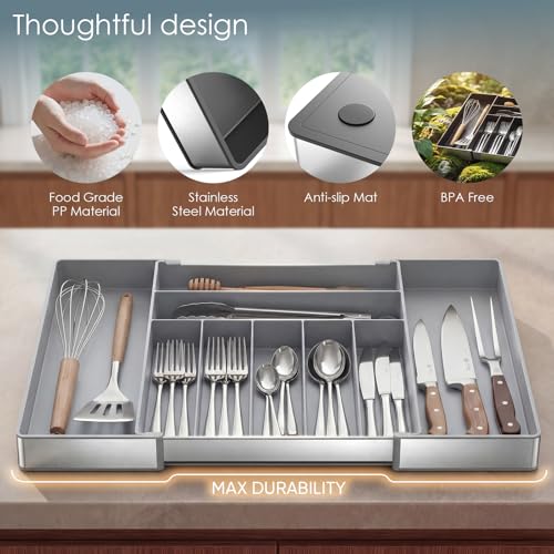 Heavy Duty Stainless Steel Frame Silverware Organizer with Plastic Body, Extra Large Silverware Drawer Organizer, 9 Slot Expandable Kitchen Drawer Organizer, 8 Non-Slip Feet Included, BPA Free, Gray - color: Gray