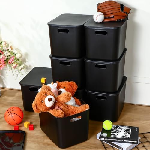 Hoolerry 8 Pieces Colorful Storage Bins with Lid, Plastic Storage Basket Organizing Container Stackable Box with Handle for Shelves Desktop Playroom Office(14.2 x 10.2 x 9.5 Inch,Black) - color: Black, size: 14.2 x 10.2 x 9.5 Inch