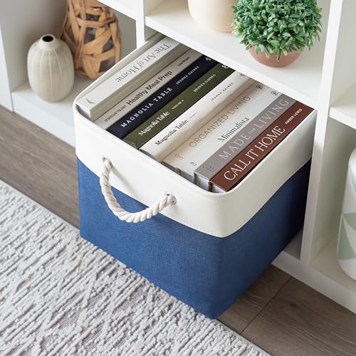 OrganiHaus 12x12 Cube Storage Bins 4 Pack, Foldable Cube Storage Organizer w/ Rope Handles, Collapsible Fabric Bins for Toys, Clothes & Closet Organization, Fabric Square Baskets - Navy Blue - color: Navy Blue Base / Off-White, size: 4 pcs (12x12)