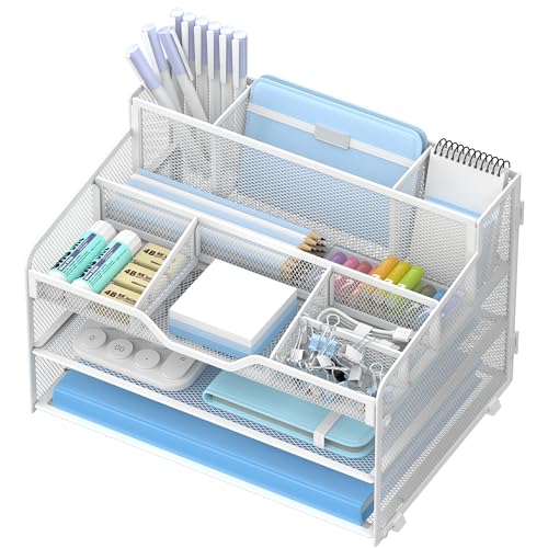 3 Tier Mesh Desk Organizer,Multi Functional Letter Paper Tray with 3 Pen Holders and 5 Adjustable Storage Compartments for Office Supplies Files and Mail Space Saving Desktop Organizer-White - color: 3 Tier-white