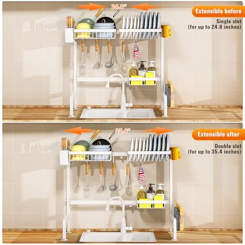YKLSLH Over Sink Dish Rack - Extensible Large Drying Rack, Suitable for Most Sinks (26.57"-35"), Adjustable Metal Rack, Space Saving, White - color: White, size: 2 Tiers 3 Baskets