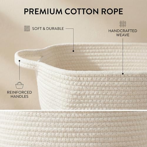 Cotton Rope Storage Basket with Handles, Natural Woven Basket, Decorative Rectangle Organizer Bin for Home, Nursery, Montessori, Dog Toy Storage and Bathroom Organization, White - color: Off-White, size: 14.2" L × 10.4" W × 5.1" H