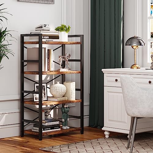 Homeiju Bookshelf, 4 Tier Small Bookcase, Organizers and Storage, Metal Small Bookcase, Rustic Book Shelf Organization and Storage for Living Room, Bedroom, and Home Office(Rustic Brown) - color: Rustic, size: 4 Tier