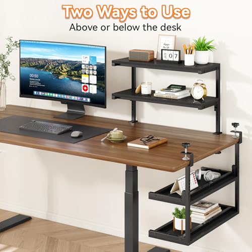 IBUYKE Clamp on Desk Shelf, 22.8” Large Desk Extender Shelves,Tool-Free Flexible Repositioning and Adjustable 2-Tier Storage Shelves for Desktop Accessories Below Desk TMZ010B - color: Black