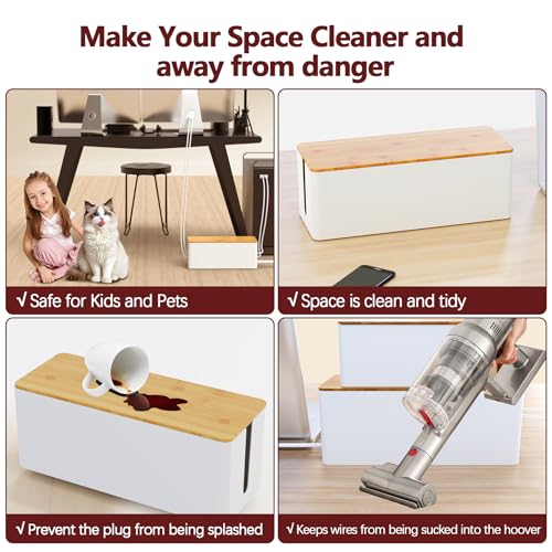 Cable Management Box,Wooden Style Large Cable Organizer Box for Office and Home,Cable Organizer Box with Proof Lock for Baby-Pets,Wood Lid（White,1 Pack - color: white